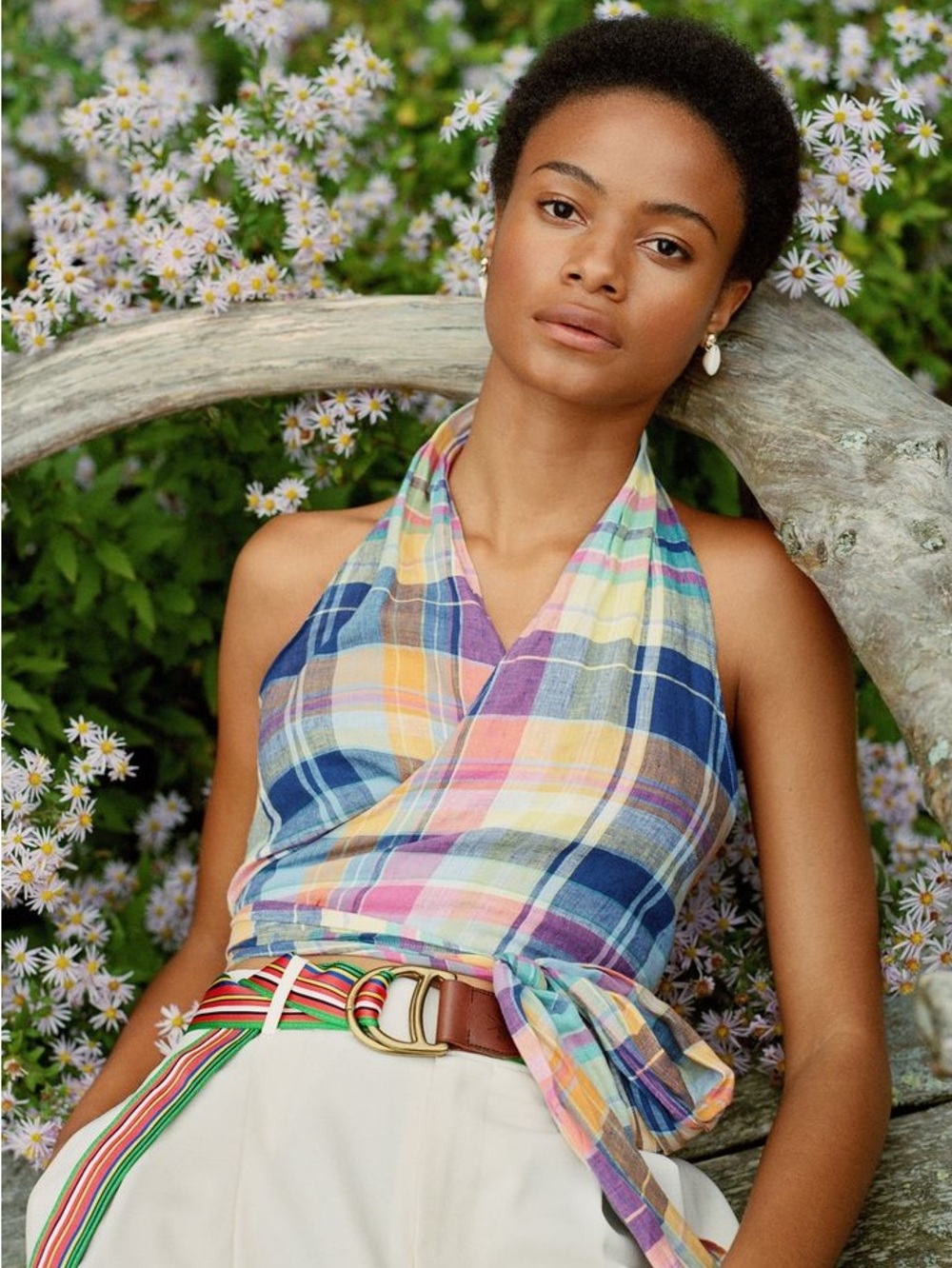 Polo Ralph Lauren Madras Plaid Sleeveless Linen Wrap Blouse large